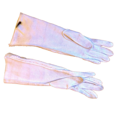 Vintage Hong Kong White Gloves With Beads Flowers Mid Elbow Length Womens 7
