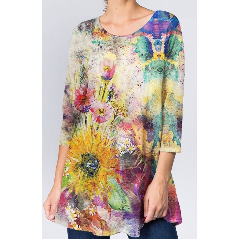 Et Lois Blouse Top Womens XL Floral Multi Color Art To Wear Pullover Knit