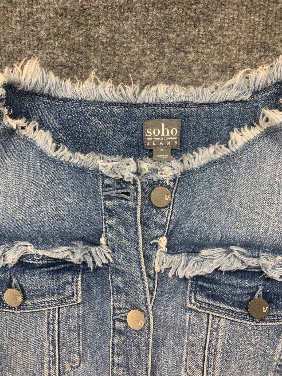 Soho Jacket Womens Medium M Blue Denim Jean Button Frayed Stretch Medium Wash