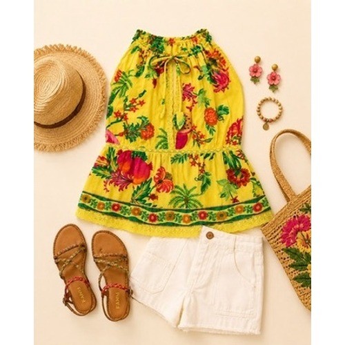 NWOT Farm Rio Yellow Tropical Fruit Print Halter Top Lace Trim Peplum Size XL