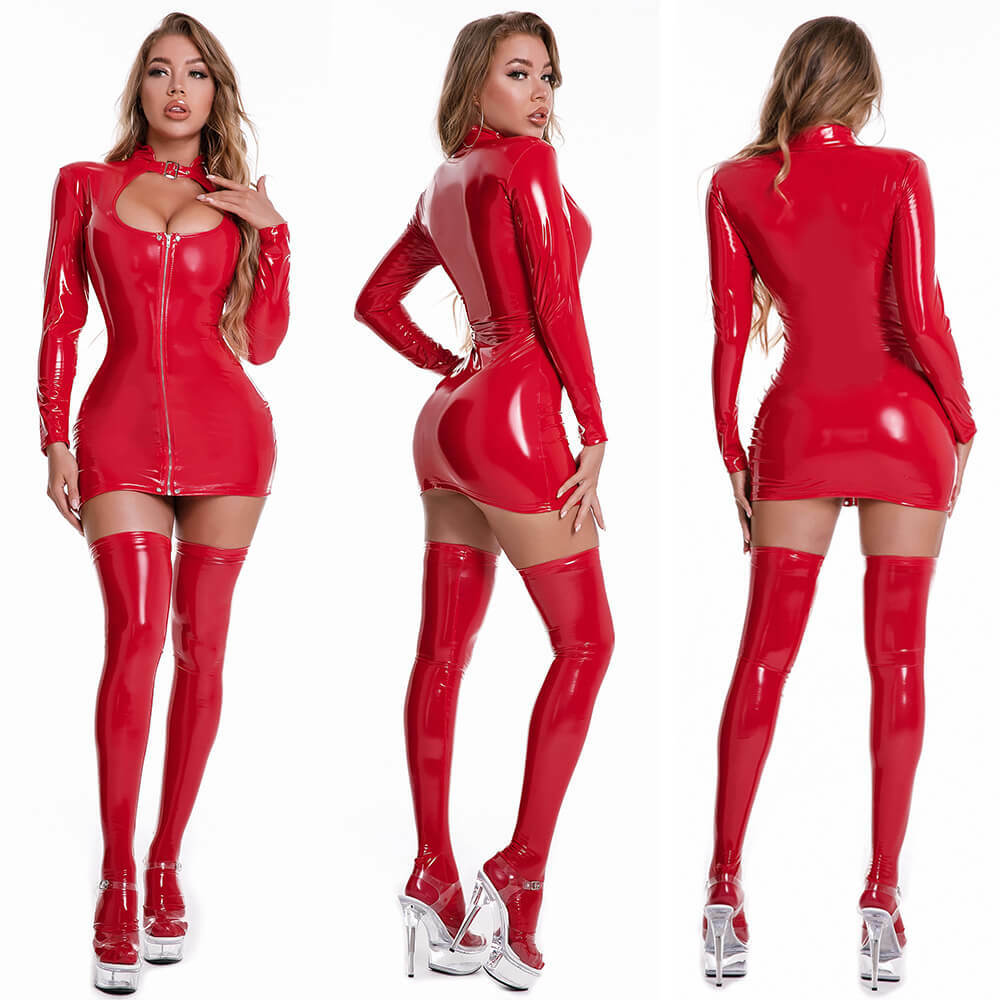 Womens Latex Leather Zipper Bodycon Mini Dress Wet Look Shiny Stockings Clubwear