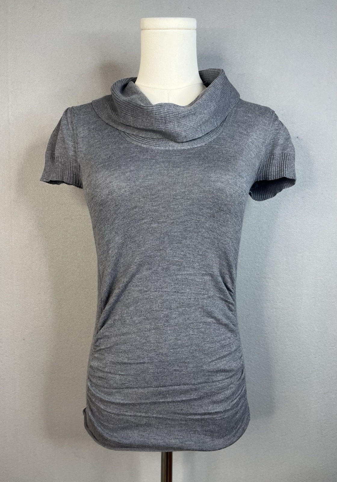 Takeout Size S Gray Turtleneck Short Sleeve Ruched Sides Knit Sweater Shirt Y2K
