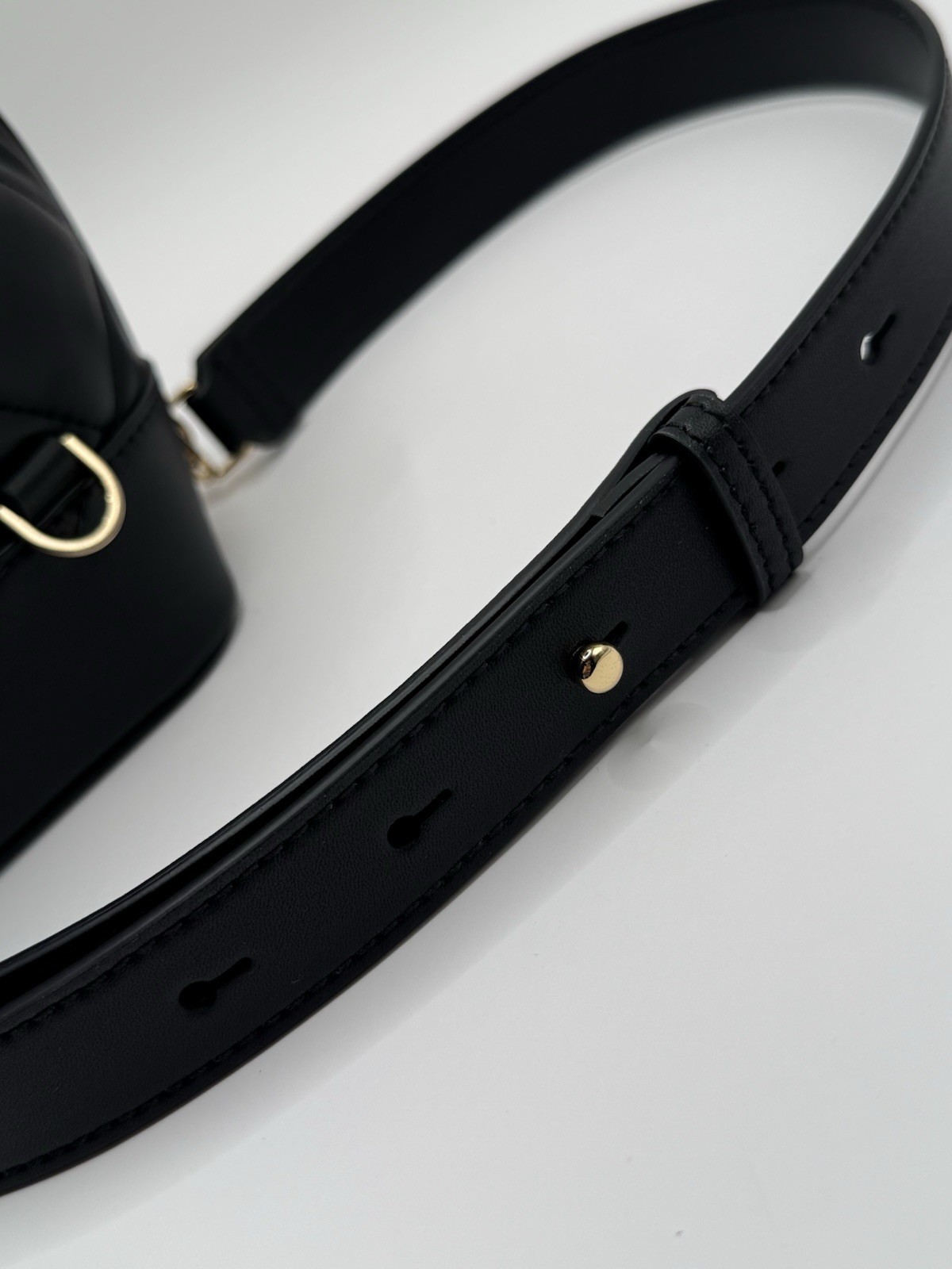 CHARLES & KEITH Black Quilted Small Bucket Drawstring Crossbody Gold Chain