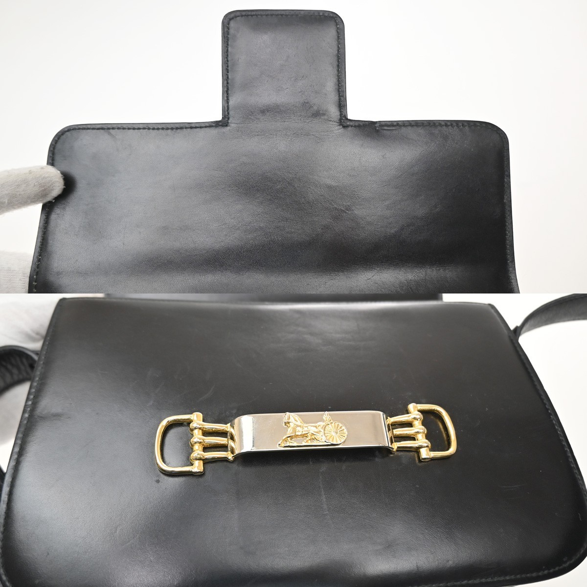 CELINE PARIS Logo Horse Carriage Shoulder Bag Leather Black Gold Italy 38KD451