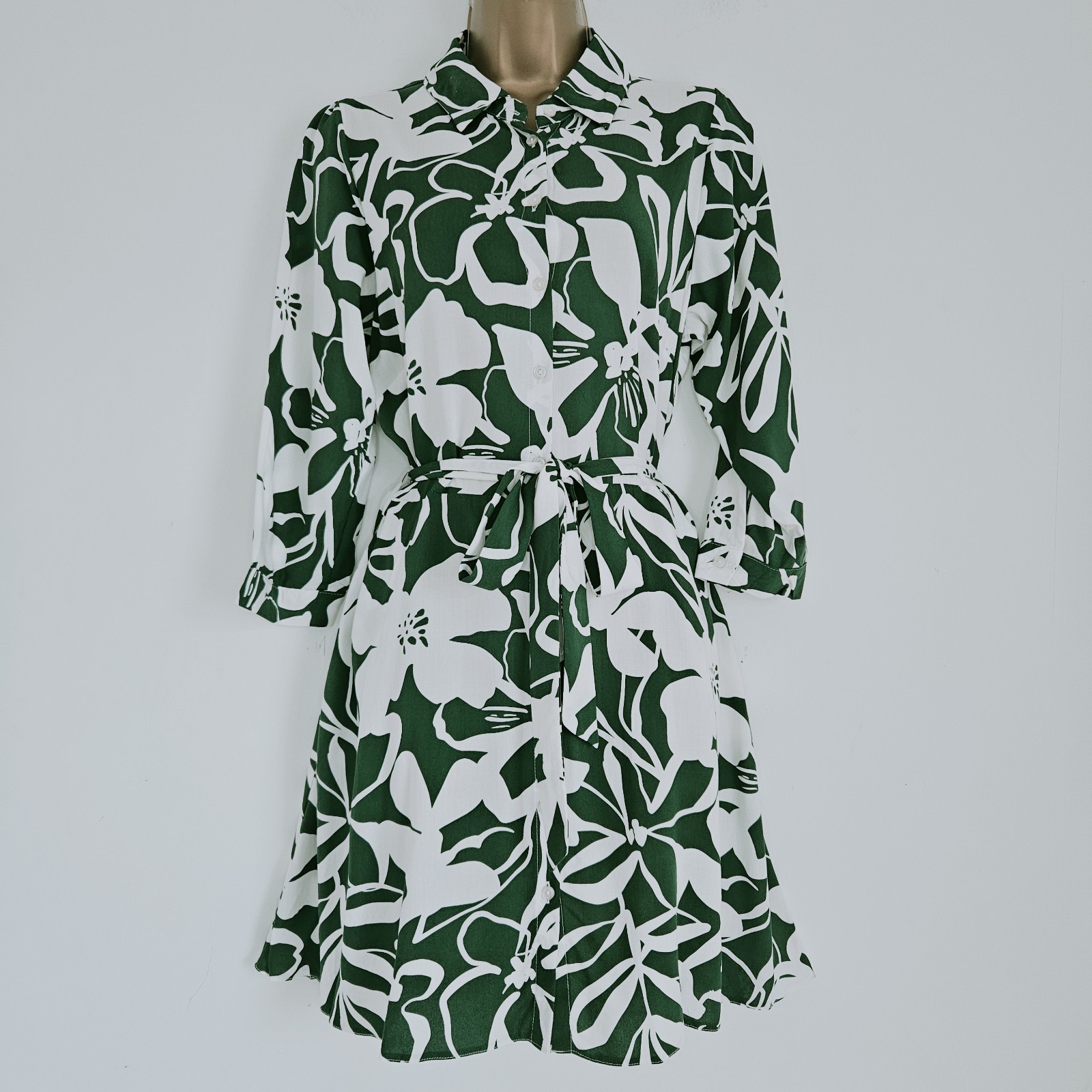 NEW Ex Roman 10-22 Collared Green White Floral Printed Belted Tea Shirt Dress