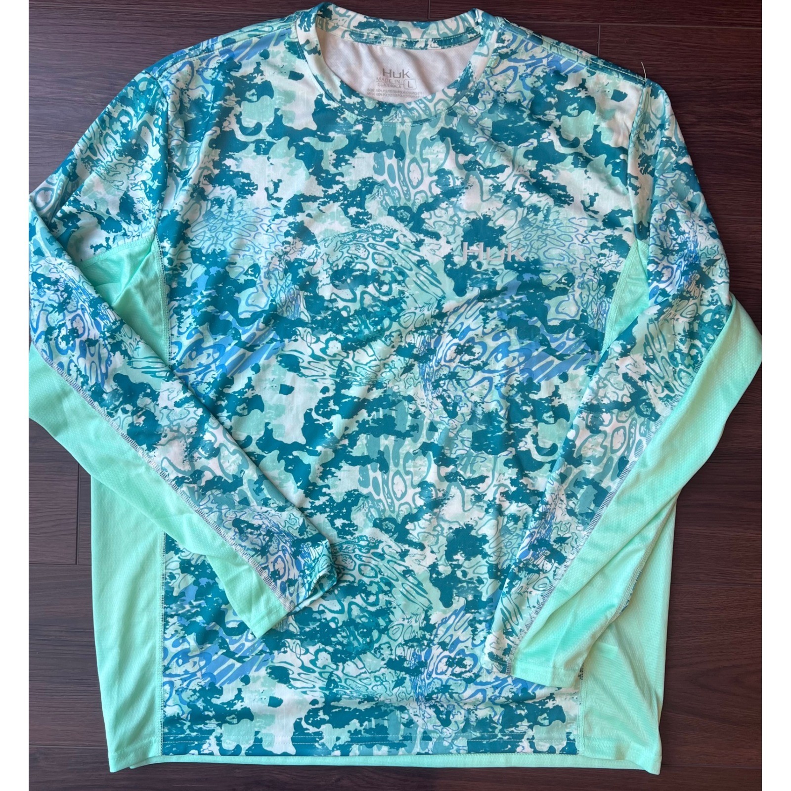 Huk Icon X Tide Change LS Fishing Shirt Mens Large Blue Teal Camo UPF 50+
