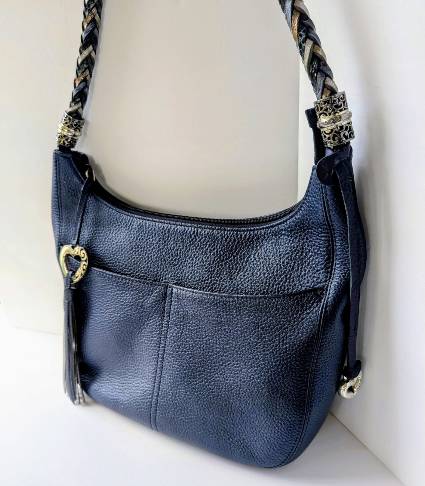 Brighton Navy Blue Pebbled Leather Barbados Hobo Handbag Nice Multi-Color Strap