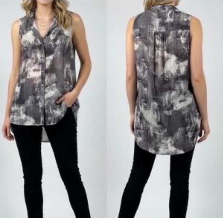 Eileen Fisher 100% Silk Abstract Print Tunic Blouse Gray Womens M Button Front