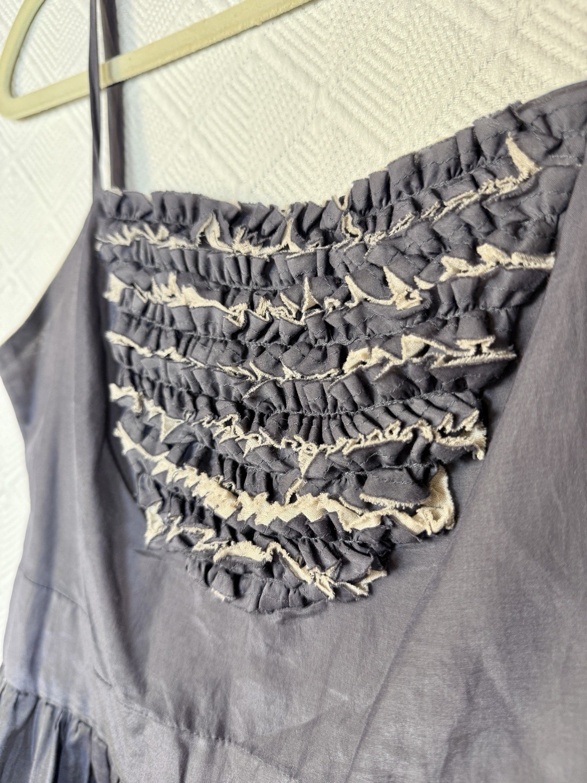 Burlapp Fit-and-Flare Grey Blue Silk Cotton Eyelet Dress Ruffled Bodice 4 Party