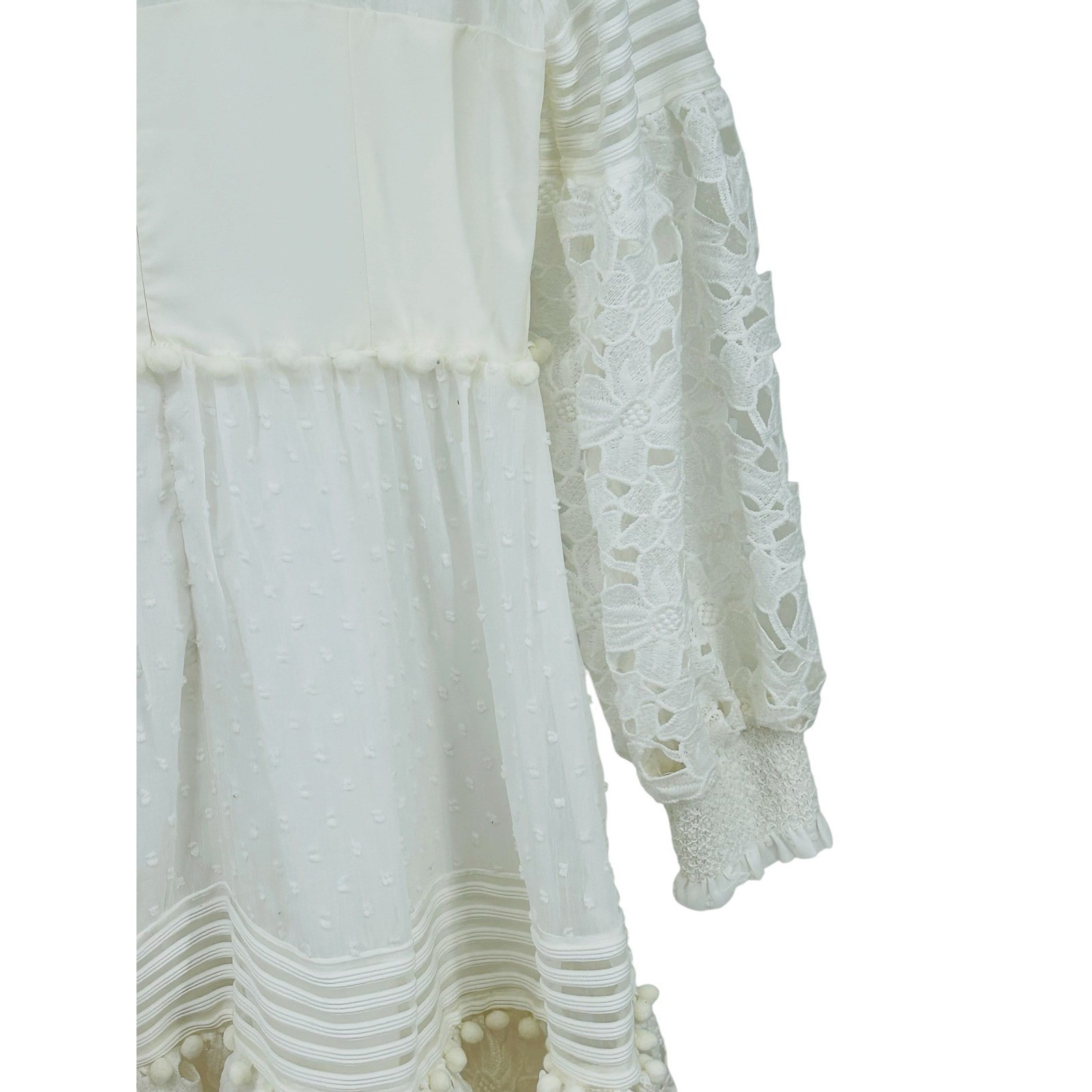 Hesperus White Lace Mini Dress Boho Pom Pom Swiss Dot Long Sleeve Size L