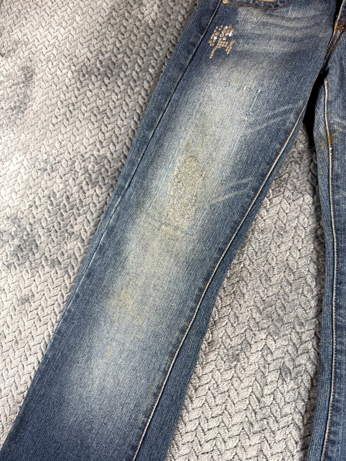 Vintage Hint Flare Jeans Womens 1 Blue Denim Cotton Studded Distressed Mid Rise