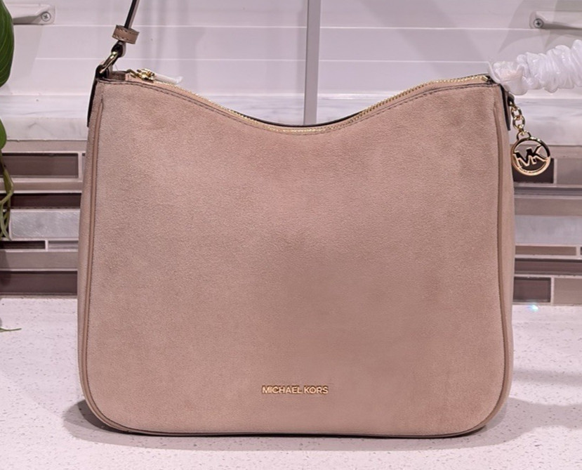 MICHAEL KORS NAYLA MEDIUM ZIP MESSENGER CROSSBODY BAG TOTE MK CAMEL SUEDE GOLD