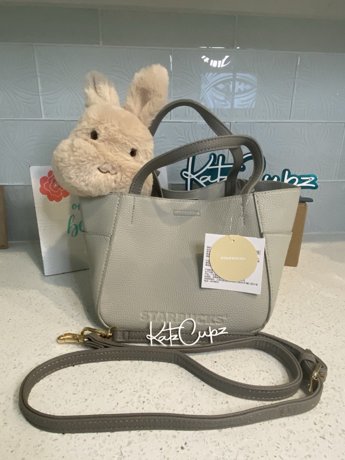 Starbucks Gray Top Handle Bag w/Bunny Charm & Detachable Strap, ‘21 China Autumn
