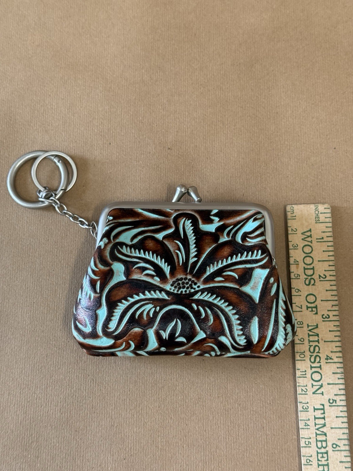 Patricia Nash Brown & Blue Western Floral Coin Wallet Keychain for Women