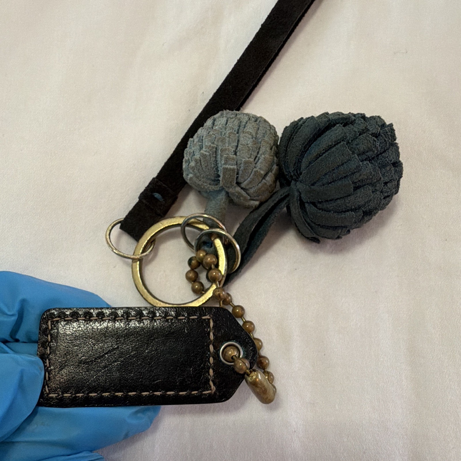 Coach Leather Tassel Logo Keychain Strap Blue/Black Metal Key Chain