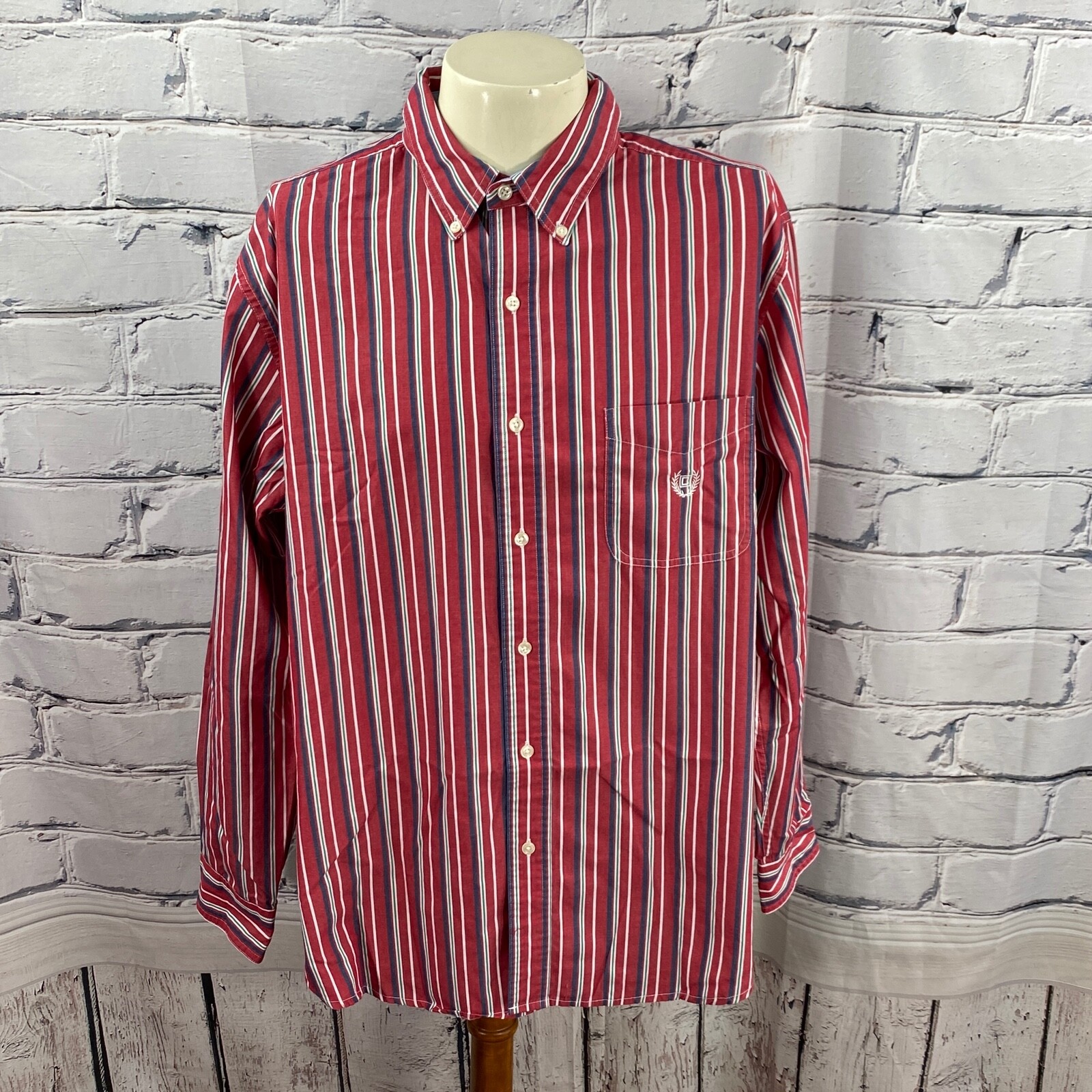 Chaps Men’s Easy Care Button Down Long Sleeve Cotton Blend Red Stripe Shirt XL