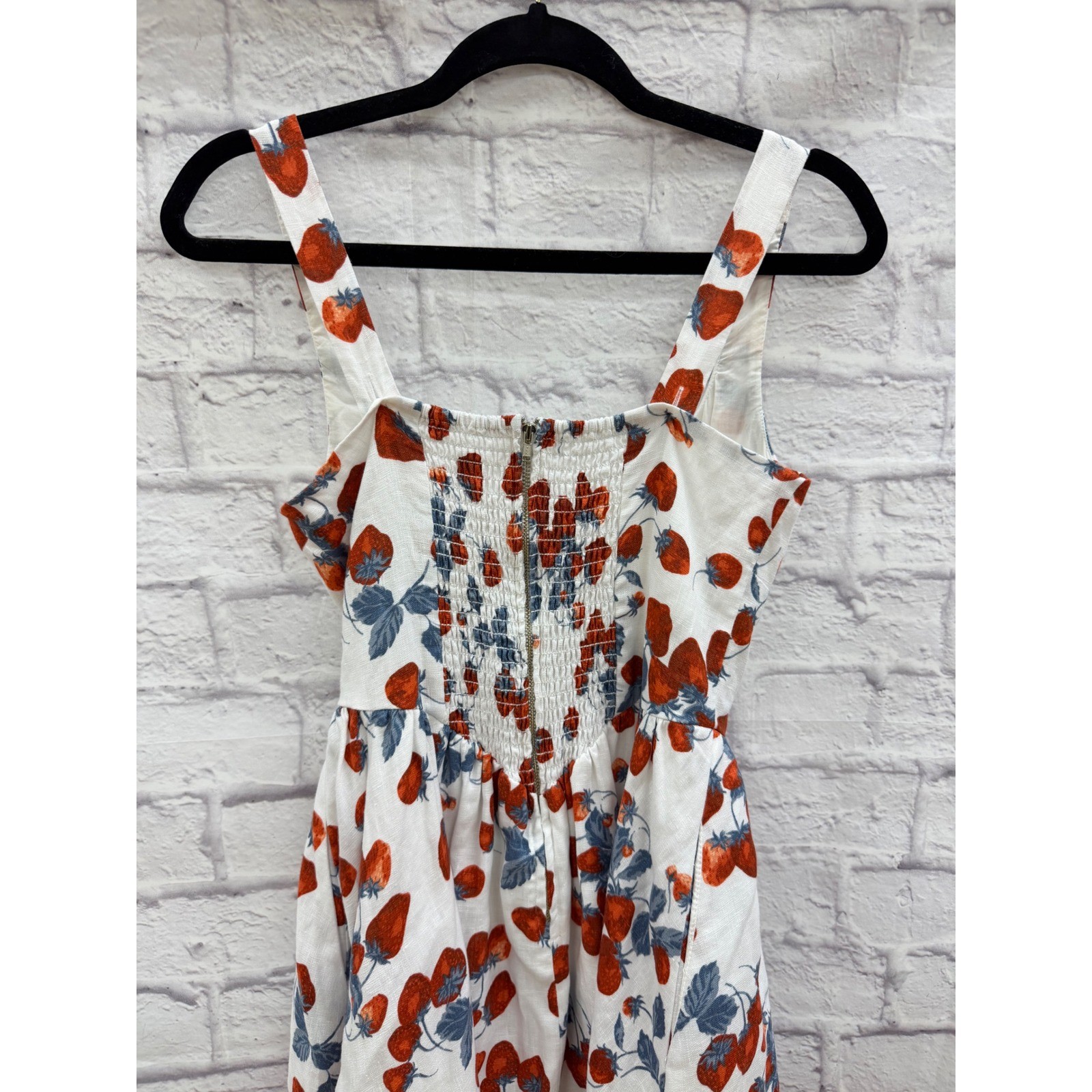 Reformation Balia Linen Strawberry Print Basque Waist Midi Dress White Red Sz 2