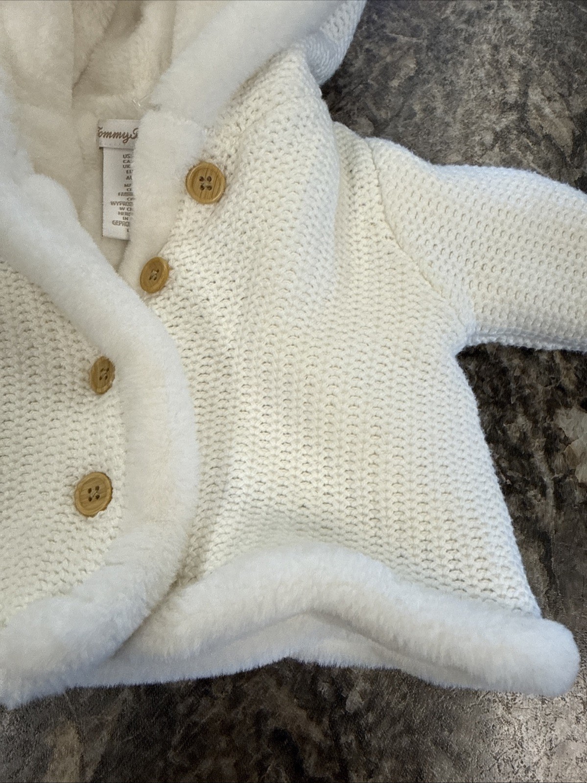“Tommy Bahama” 3-6 Month White Knitted A Sharpa Fur Coat Hood *Stain