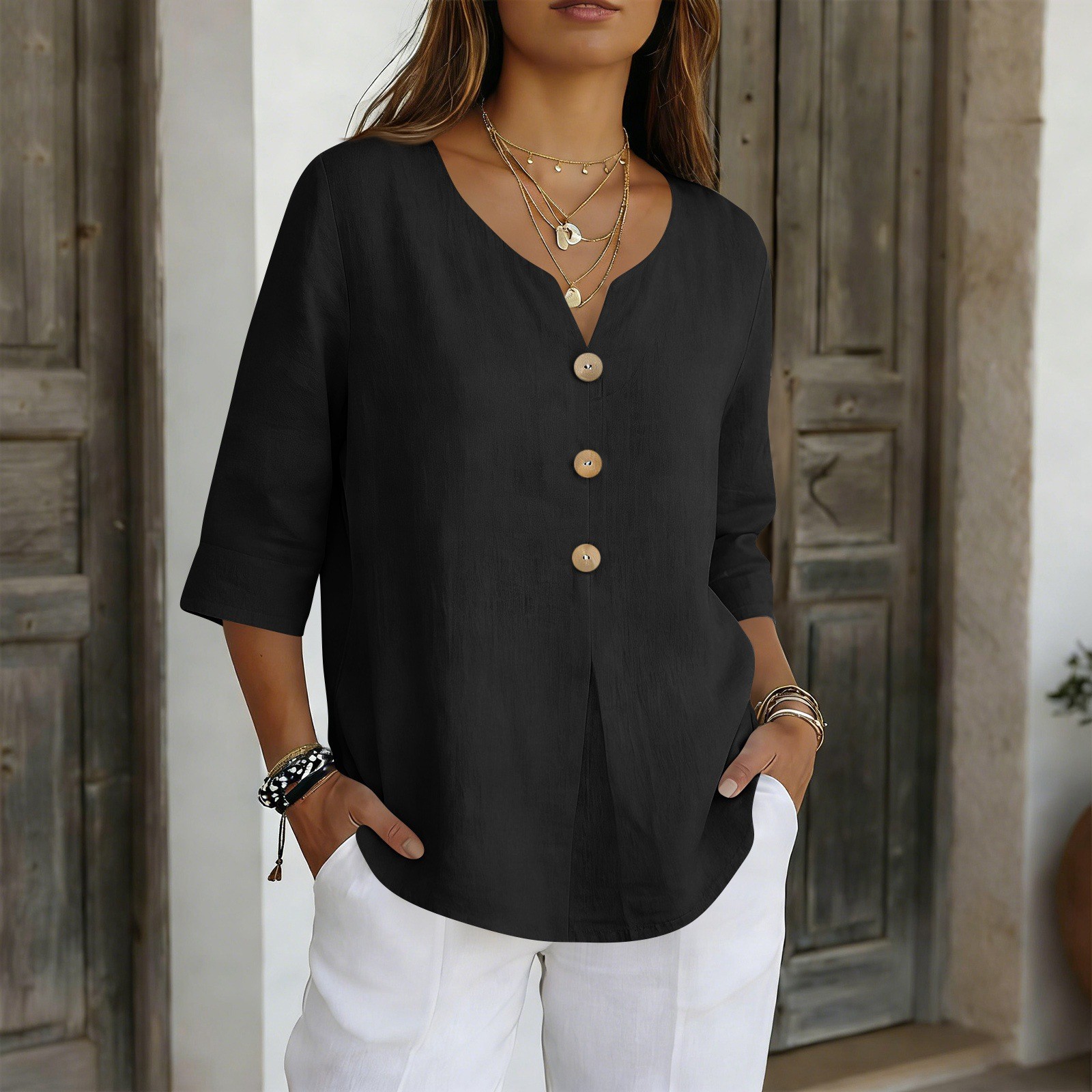 Womens Linen Button Down Shirt V Neck 3/4 Sleeve Loose Fit Casual Blouse Top