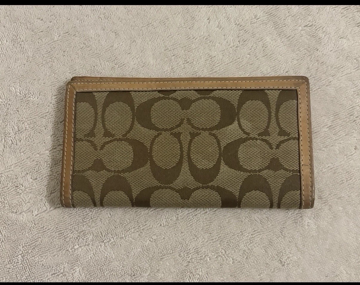 Coach Checkbook Wallet Beige Canvas Leather Trim Signature Long Wallet Fair Cond