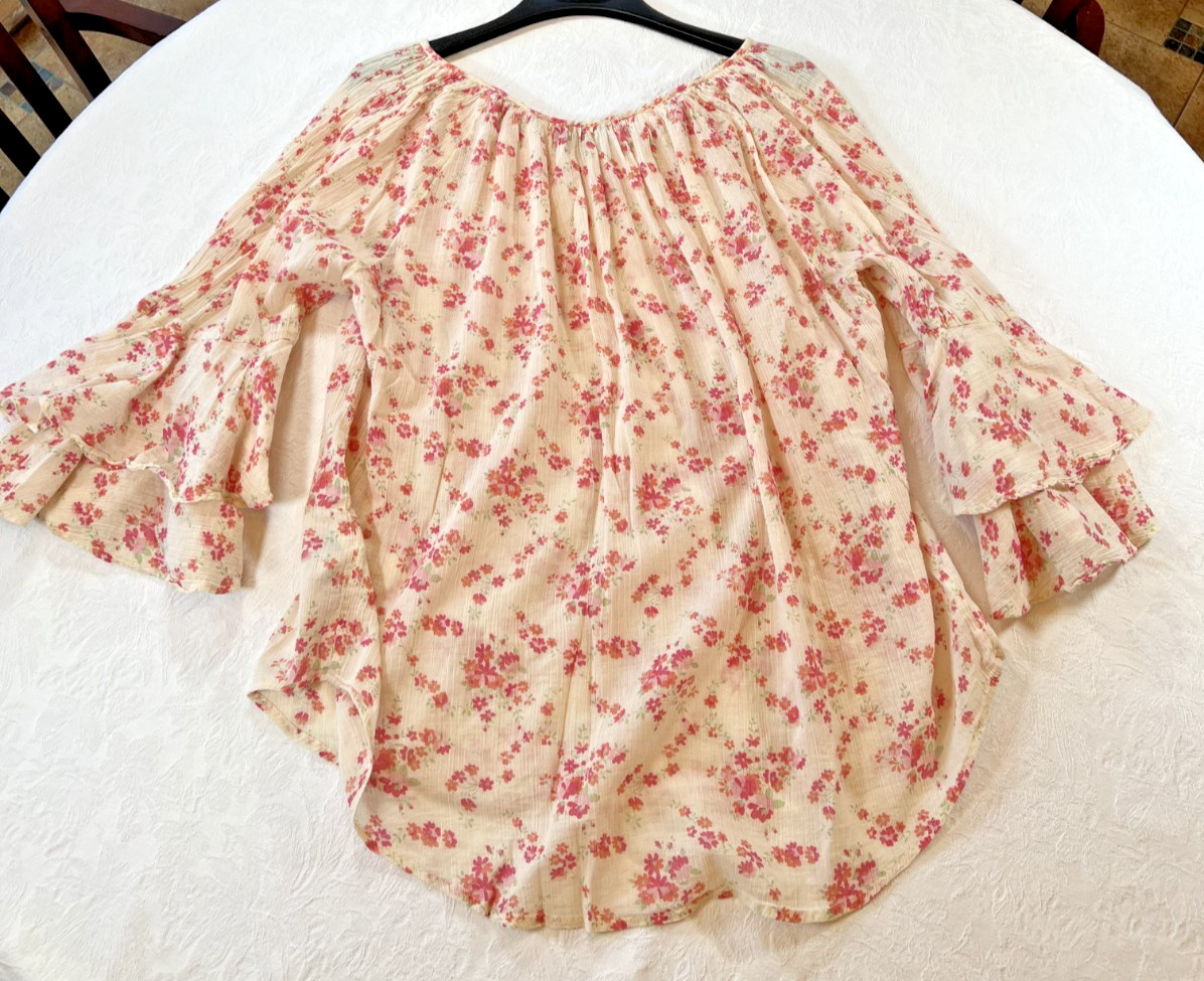 Chaps Floral Peasant Top Bell Double Ruffle Sleeves Size 1X Cotton Boho 004