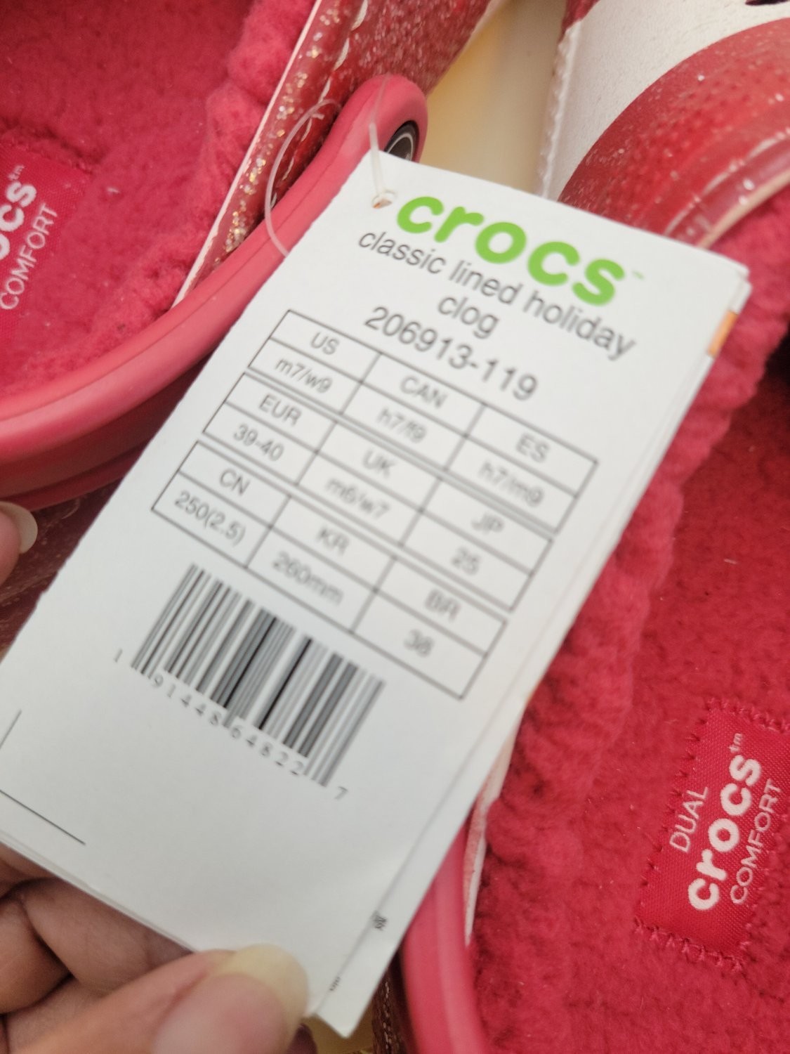 Crocs Classic Lined Holiday Clog Peppermint Glitter Red 206913-119 Women 9 Men 7
