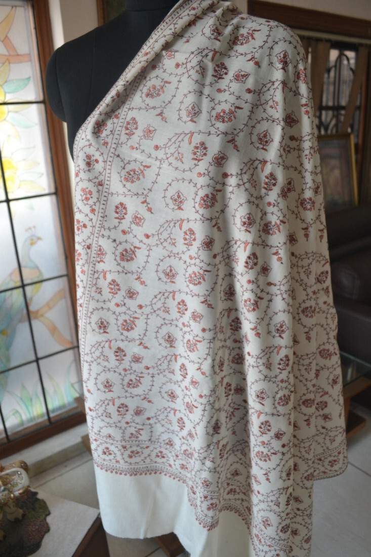 OFF-WHITE MICRO JAAL KASHMIRI EMBROIDERY WEDDING SHAWL 100% CASHMERE PASHMINA