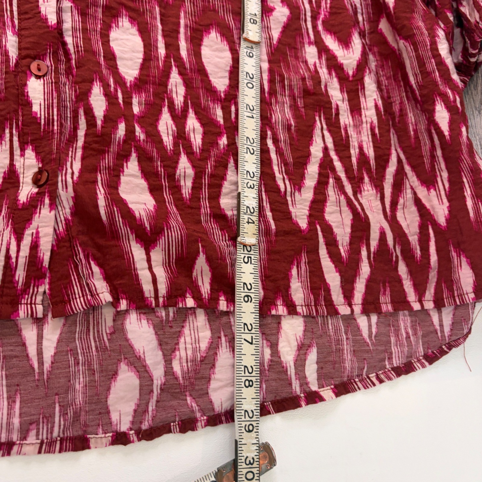 Fred David Blouse Women 2X Burgundy Pink Ikat Print Button Front 3/4 Sleeve