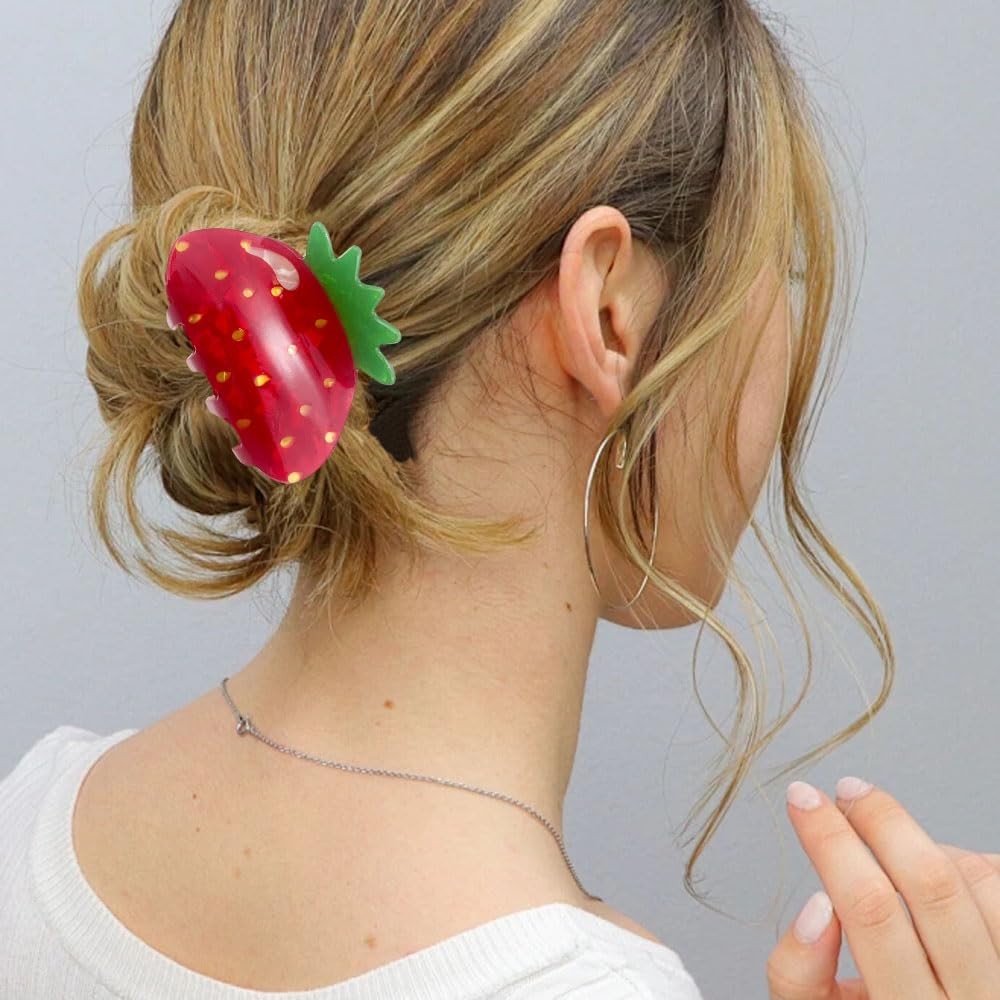 Strawberry Hair Clips for Women, Red and Green Fruit Design, And