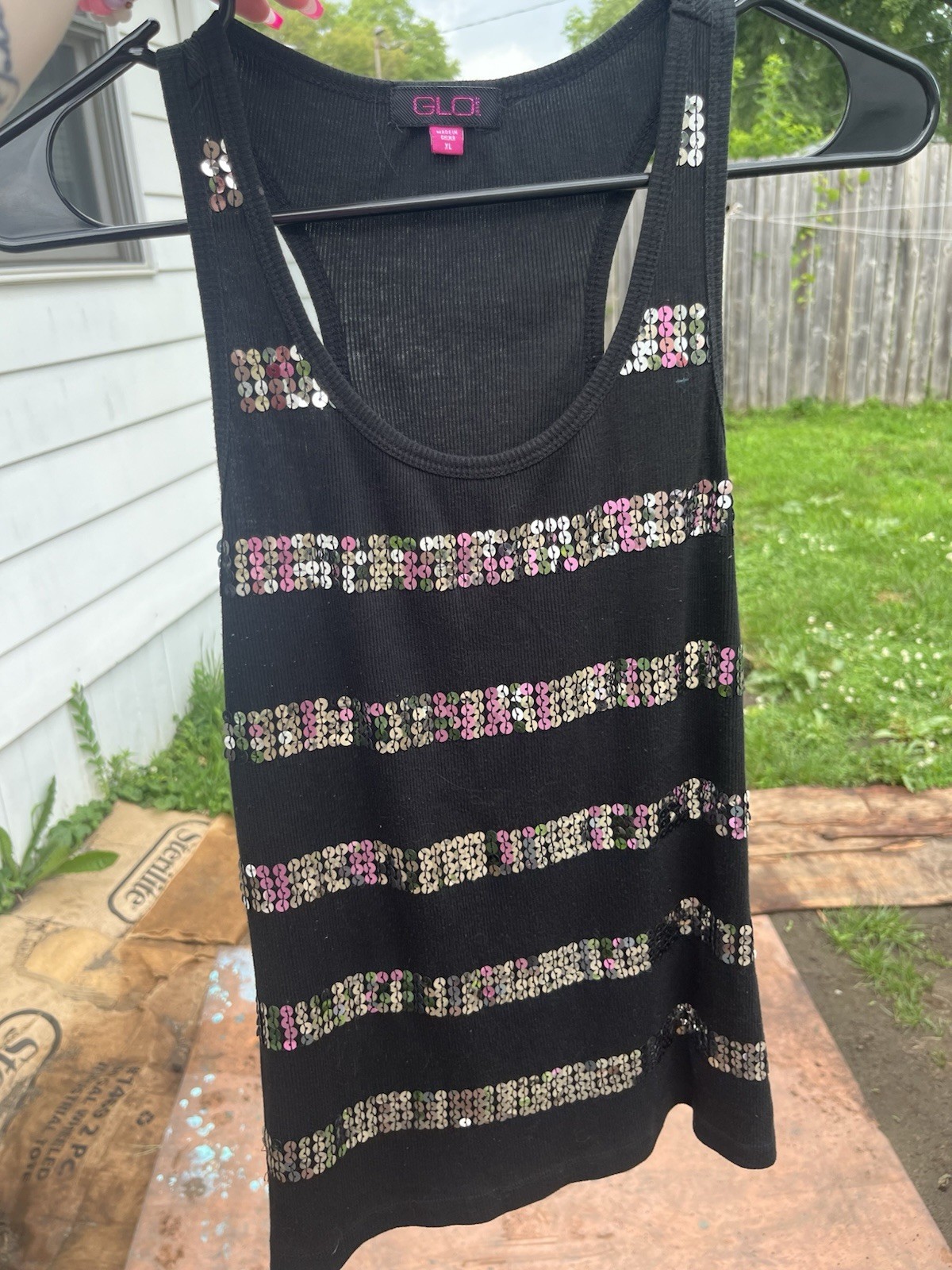 Y2K Black Sequin Stripe Tank Top XL Ribbed Glitter Party Club Going Out