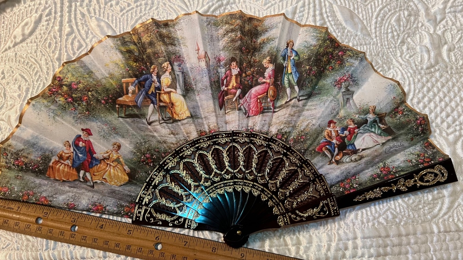 Vintage Giner Hand Fan Original Box Courting Couples Fabric Plastic Gold Painted