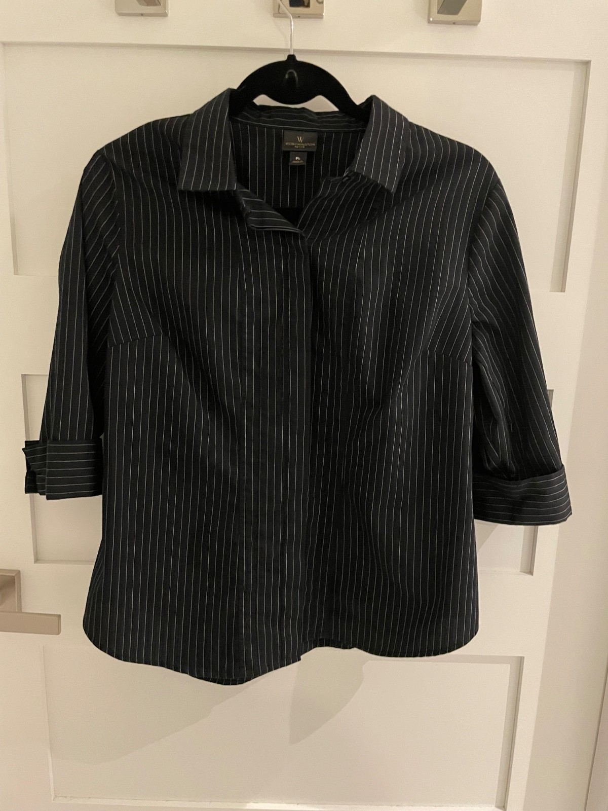 Worthington Petite Large PL Black and White Striped Blouse Top Shirt Career Work