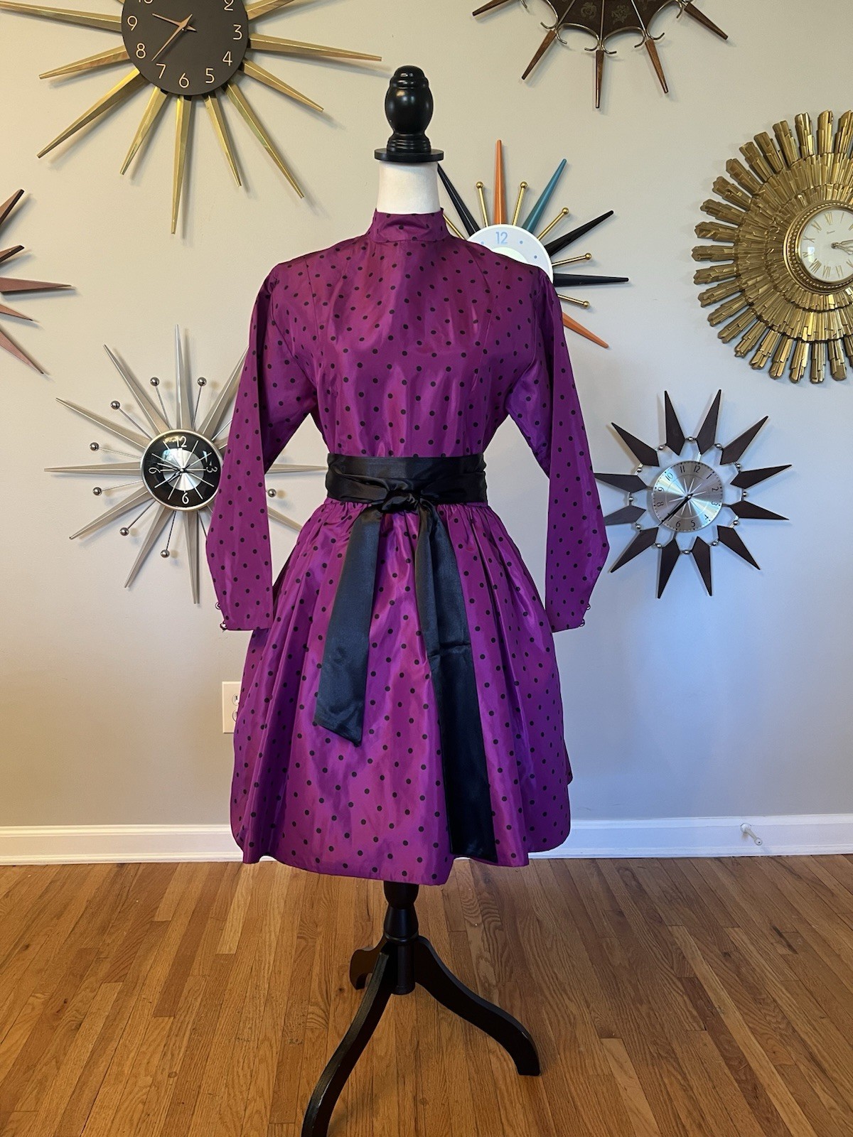 VTG 80s Willi Smith WilliWear 6 Taffeta Dress Purple Black Polkadots Pouf Skirt