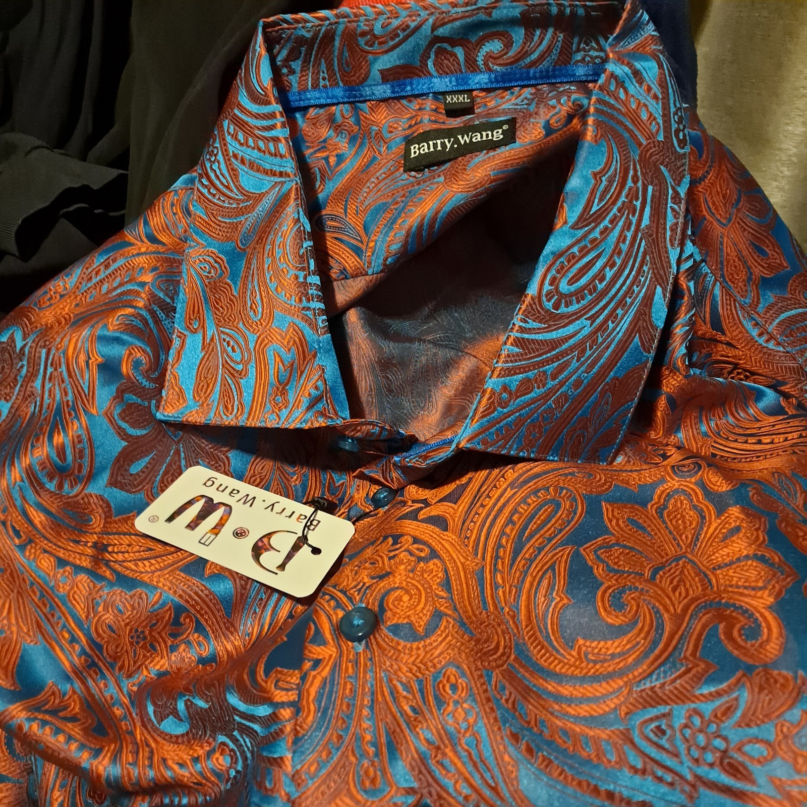 Barry.Wang Silk Shirt Mens 3XL Blue Gold Paisley Button Front Long Sleeve