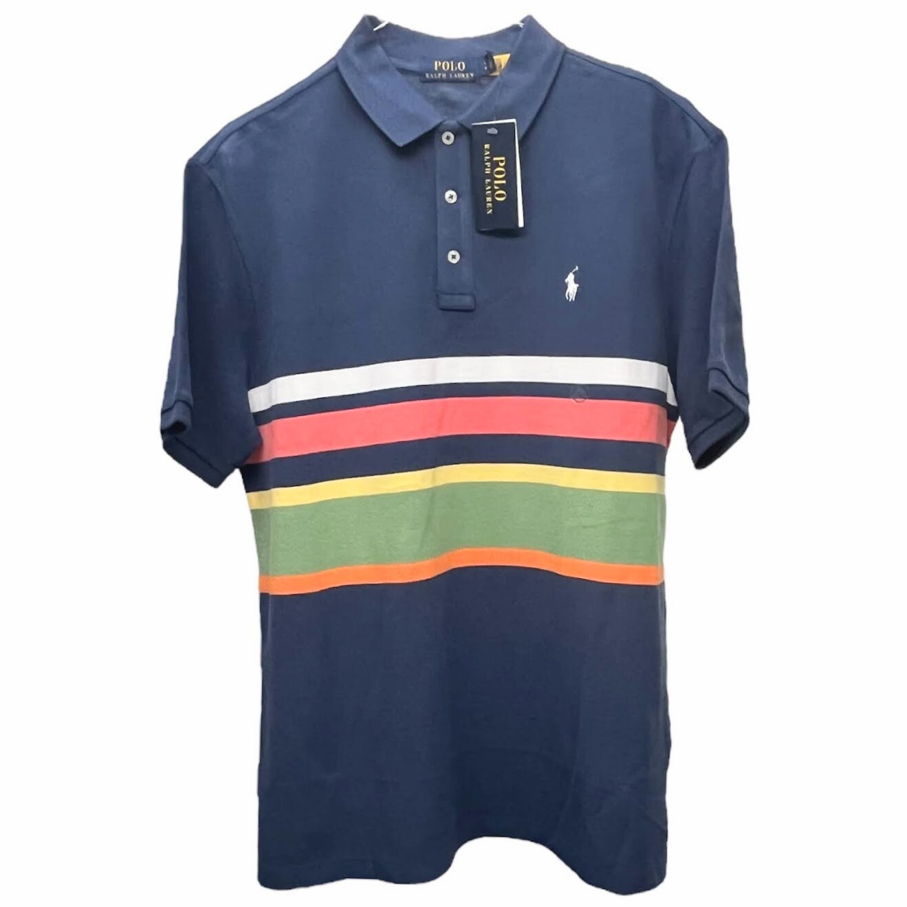 Polo Ralph Lauren Short Sleeve Shirt Blue Orange Green Stripe Cotton Mesh $110