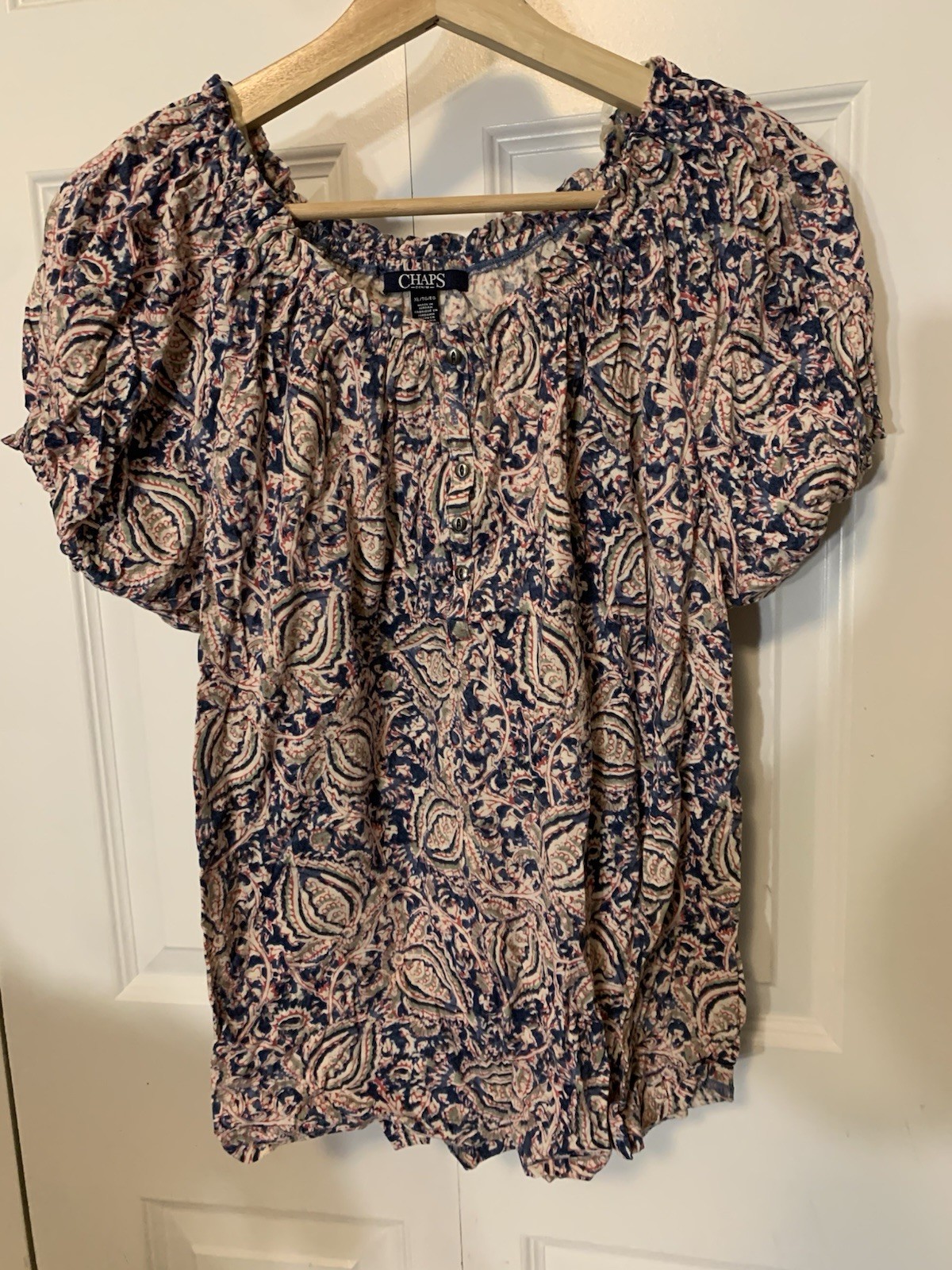 Chaps Womens XL Floral Print Round Neck Cap Sleeve Blouse Top Pink Blue Paisley