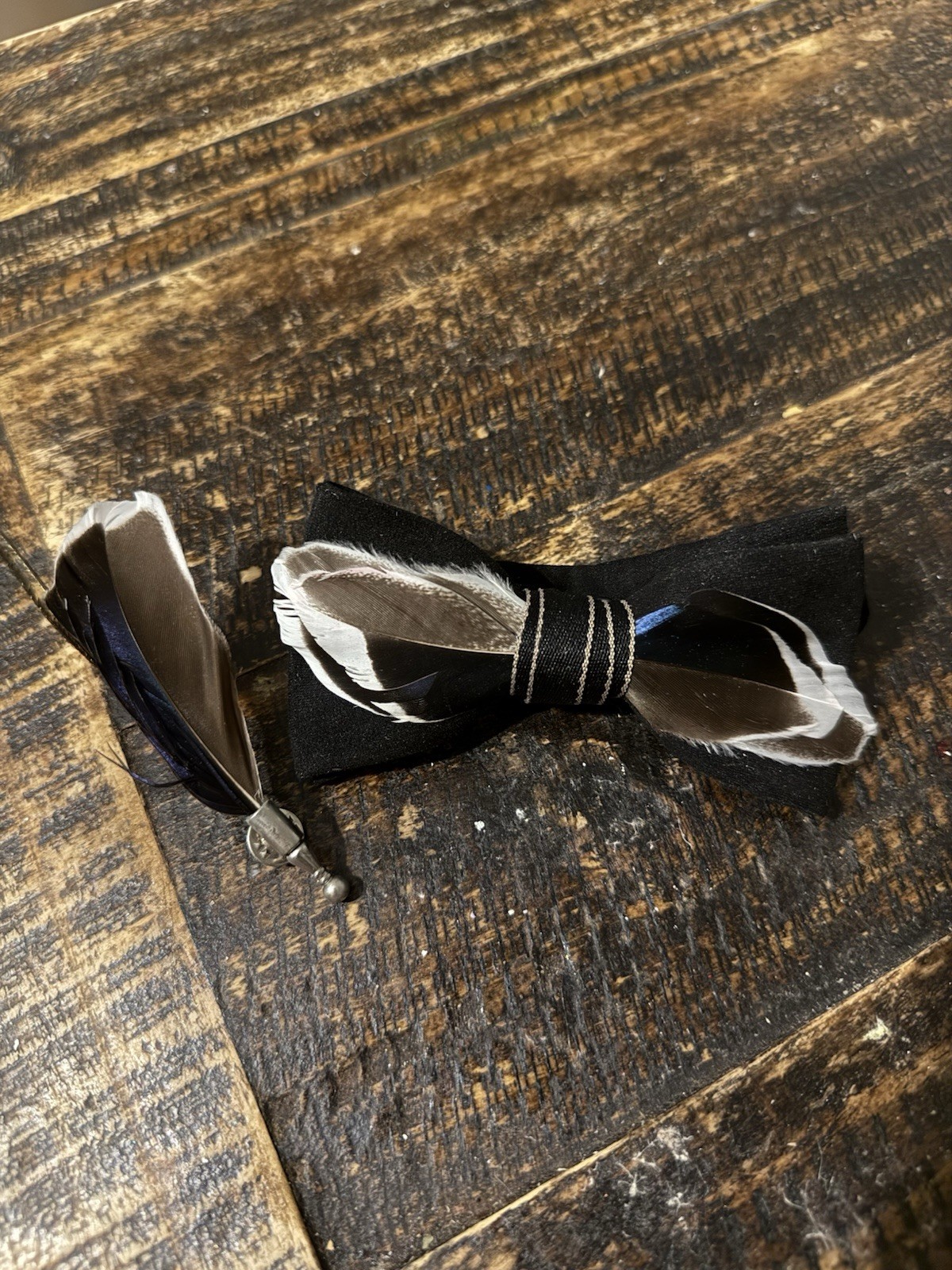 Handmade Feather Bow Tie and Broach Set for Men