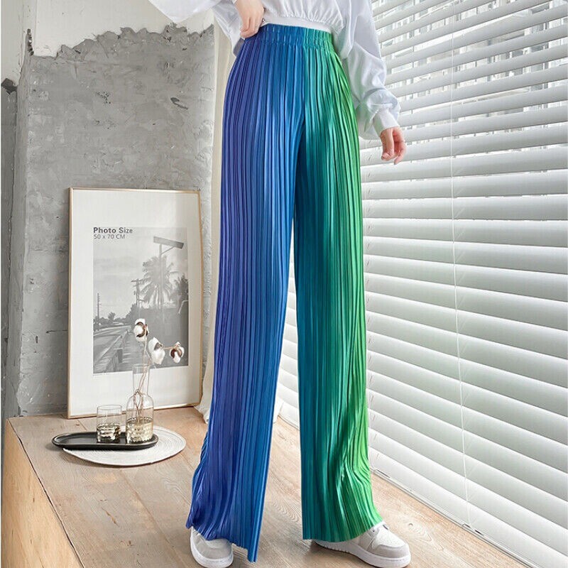 Lady Rainbow Gradient Faux Silk Pants Pleated Tie-Dye Wide-leg Trouser Drape Fit