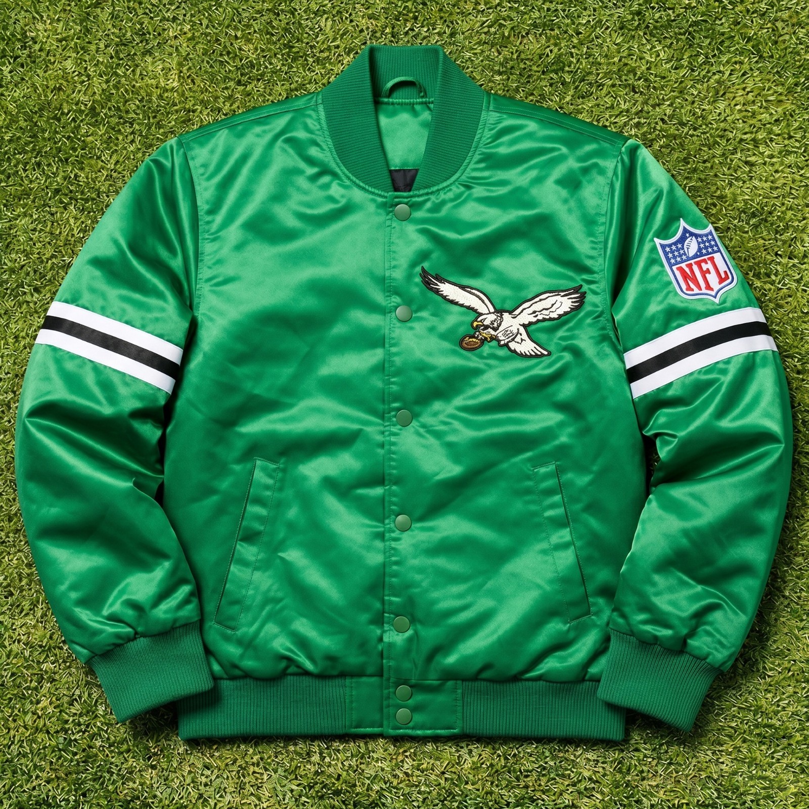 Mens Philadelphia Eagles Green Satin Bomber Varsity Football Jacket Size XS-5XL