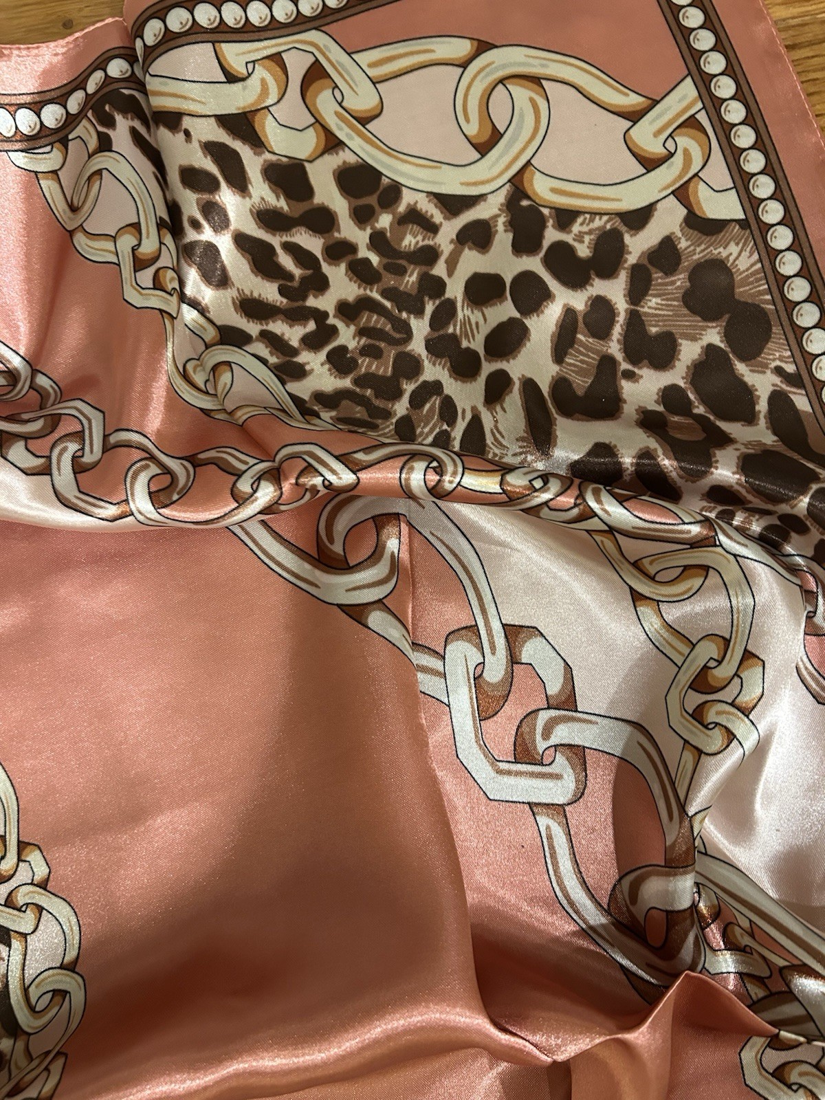 CLASSIC Leopard&chain Print pink SQUAR SILKY SCARF hand rolled edges 35/35