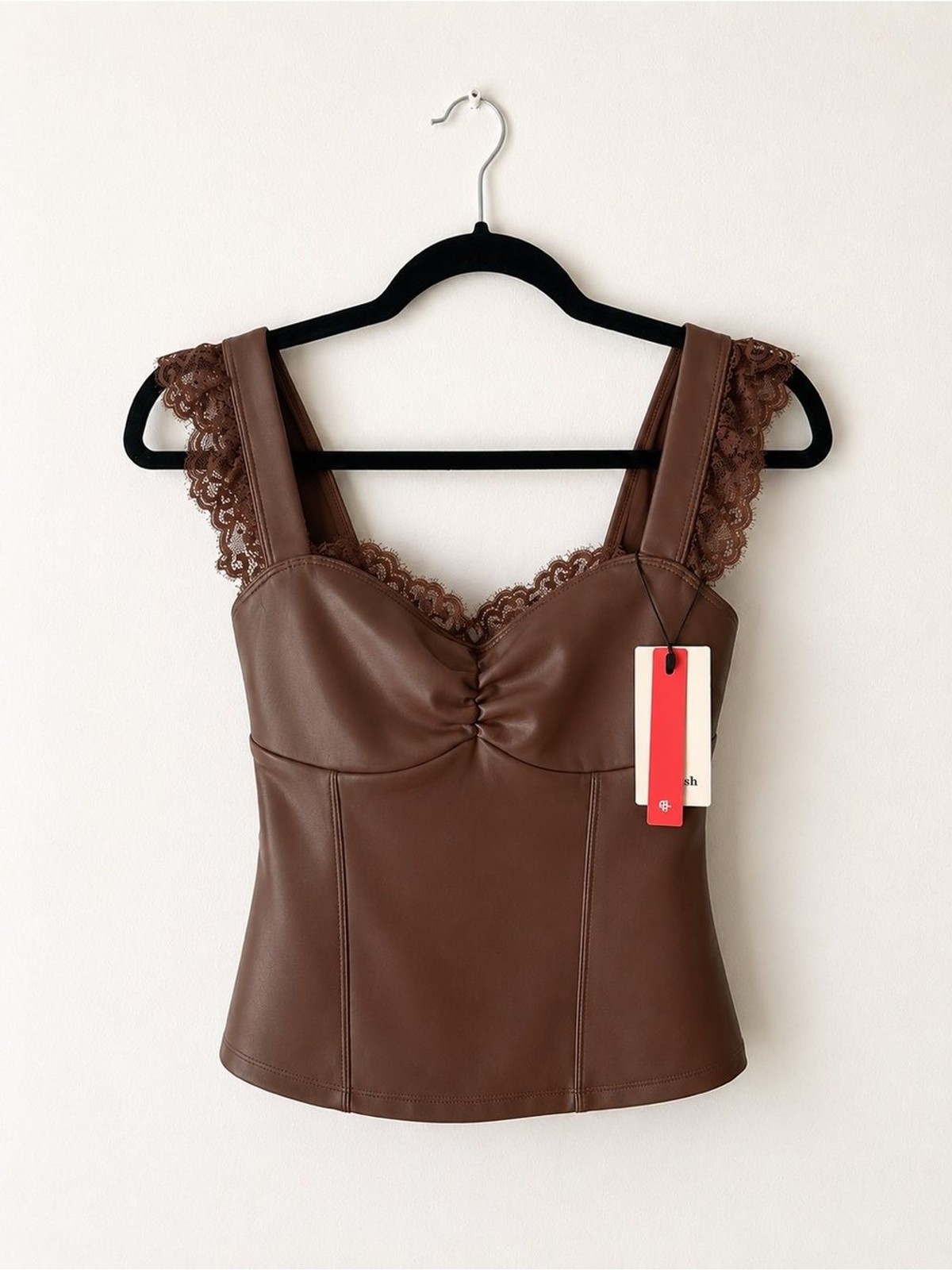 NWT Popilush Faux Leather Lace Trim Sculpting Camisole Top in Brown Coquette XS