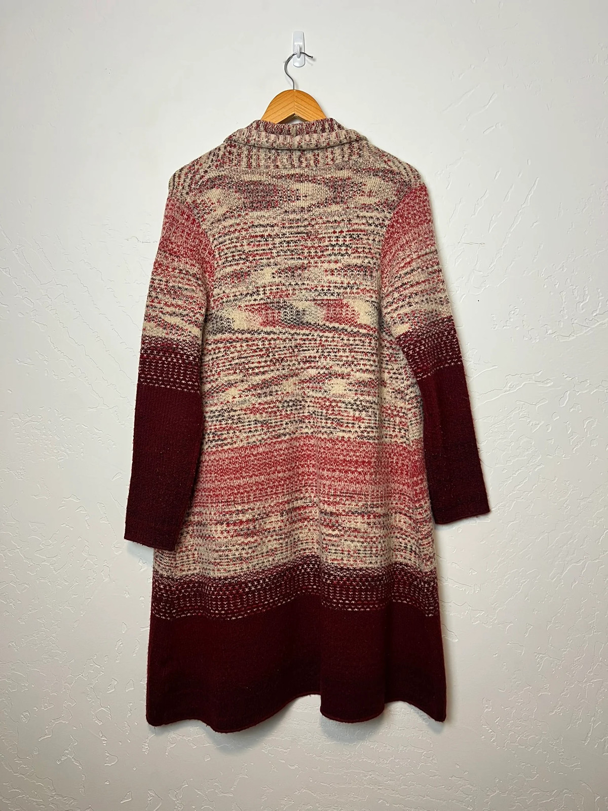 Maxsport Marled Knit Duster Cardigan Long Open Front Burgundy Cream Womens M/L