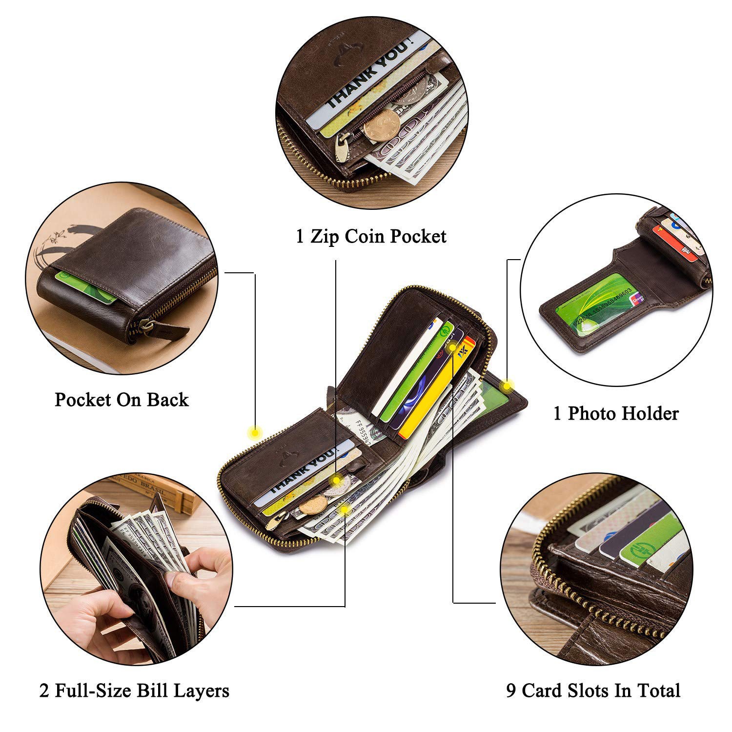 Retro Men Wallet Genuine Leather RFID Blocking Bifold with Zipper Coin Pocket