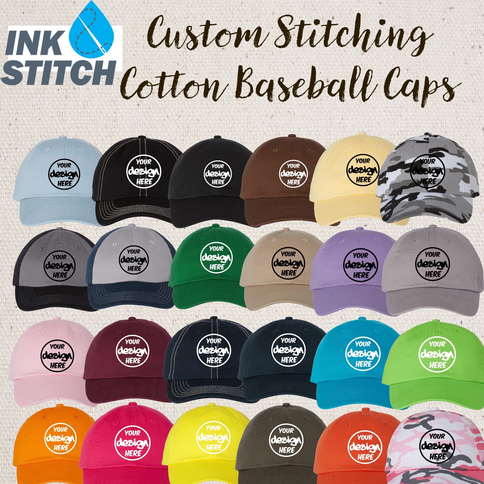 Ink Stitch Custom Logo Texts Stitching Logo Texts Cotton Bio-washed Dad Caps