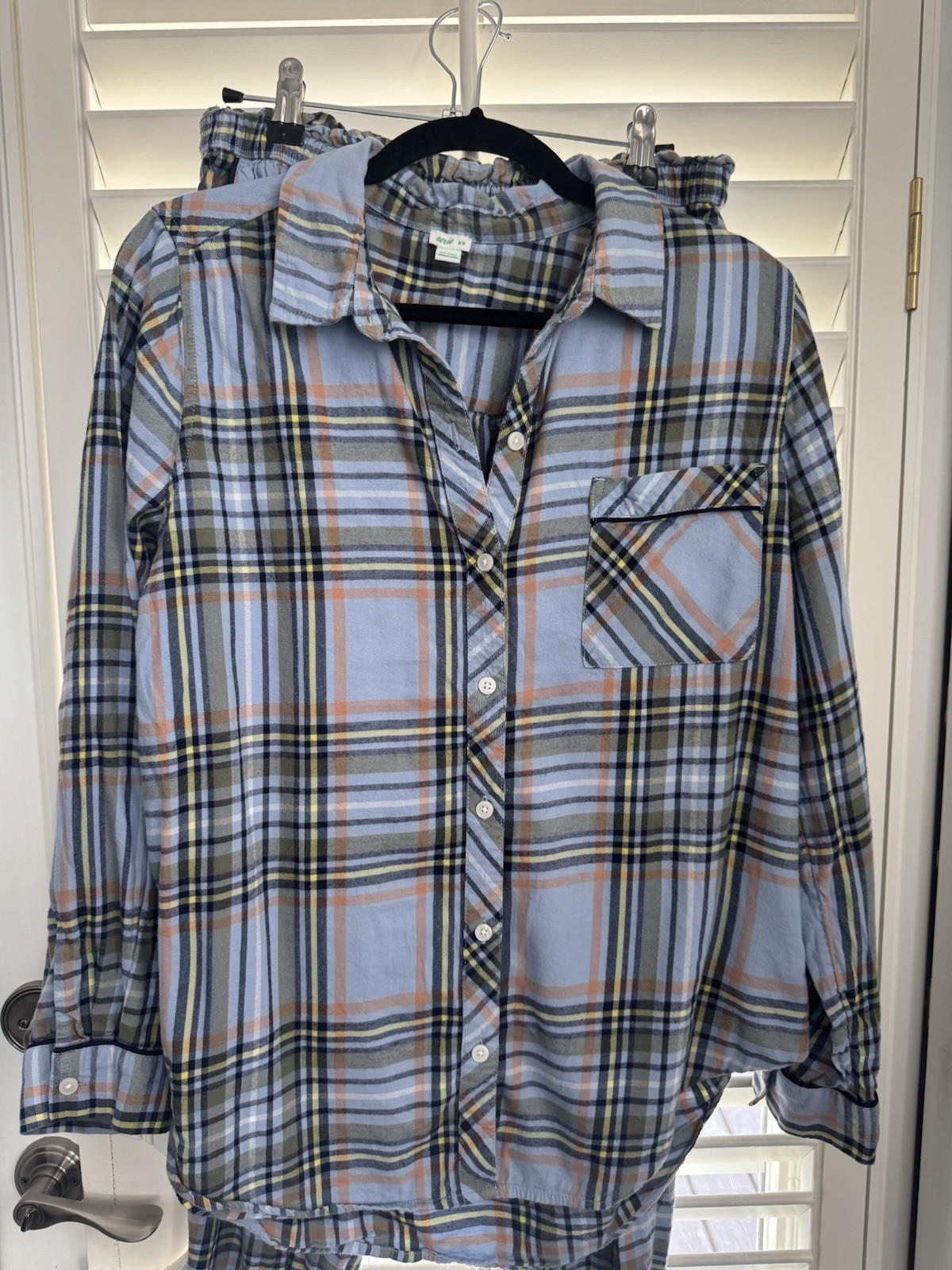 Aerie Blue Plaid Women’s Cozy Pajama Set Piping Detail Any Season Sz M Elastic