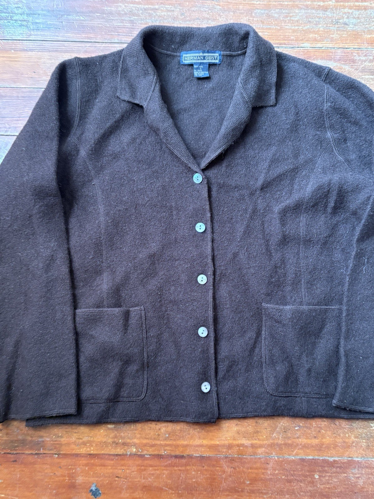 Herman Geist Cardigan Sweater Jacket Sz Large Brown 100% Wool Button Front