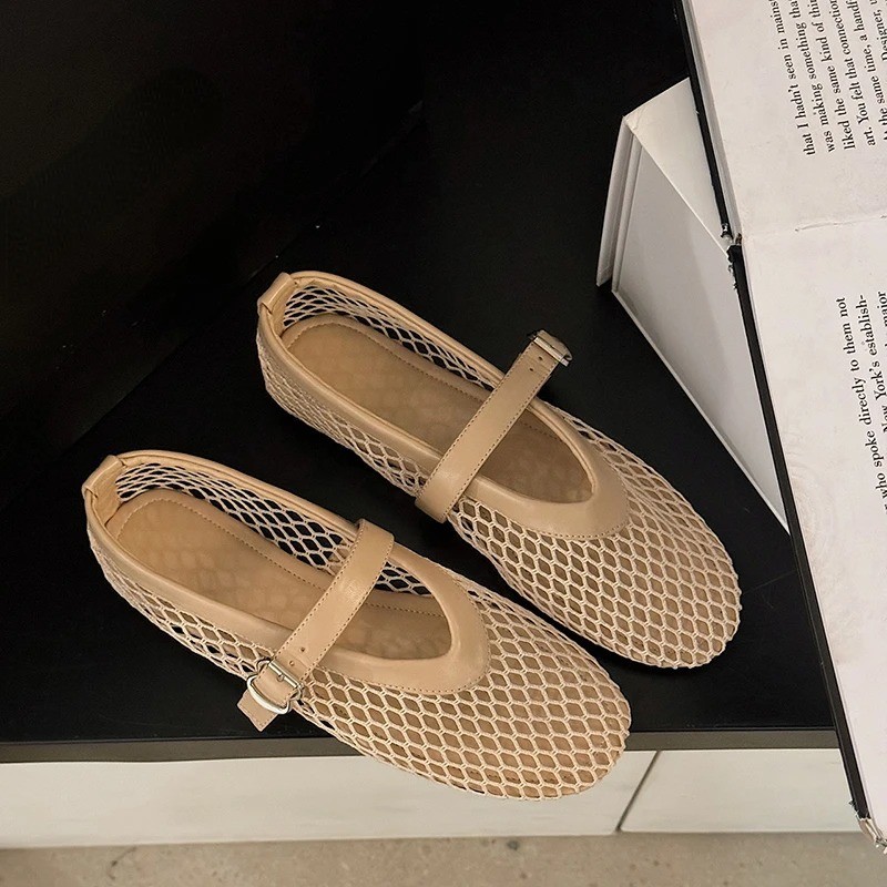 Womens Mesh Mary Jane Flats Beige Fishnet Ballet Shoes Buckle Strap Slip On New