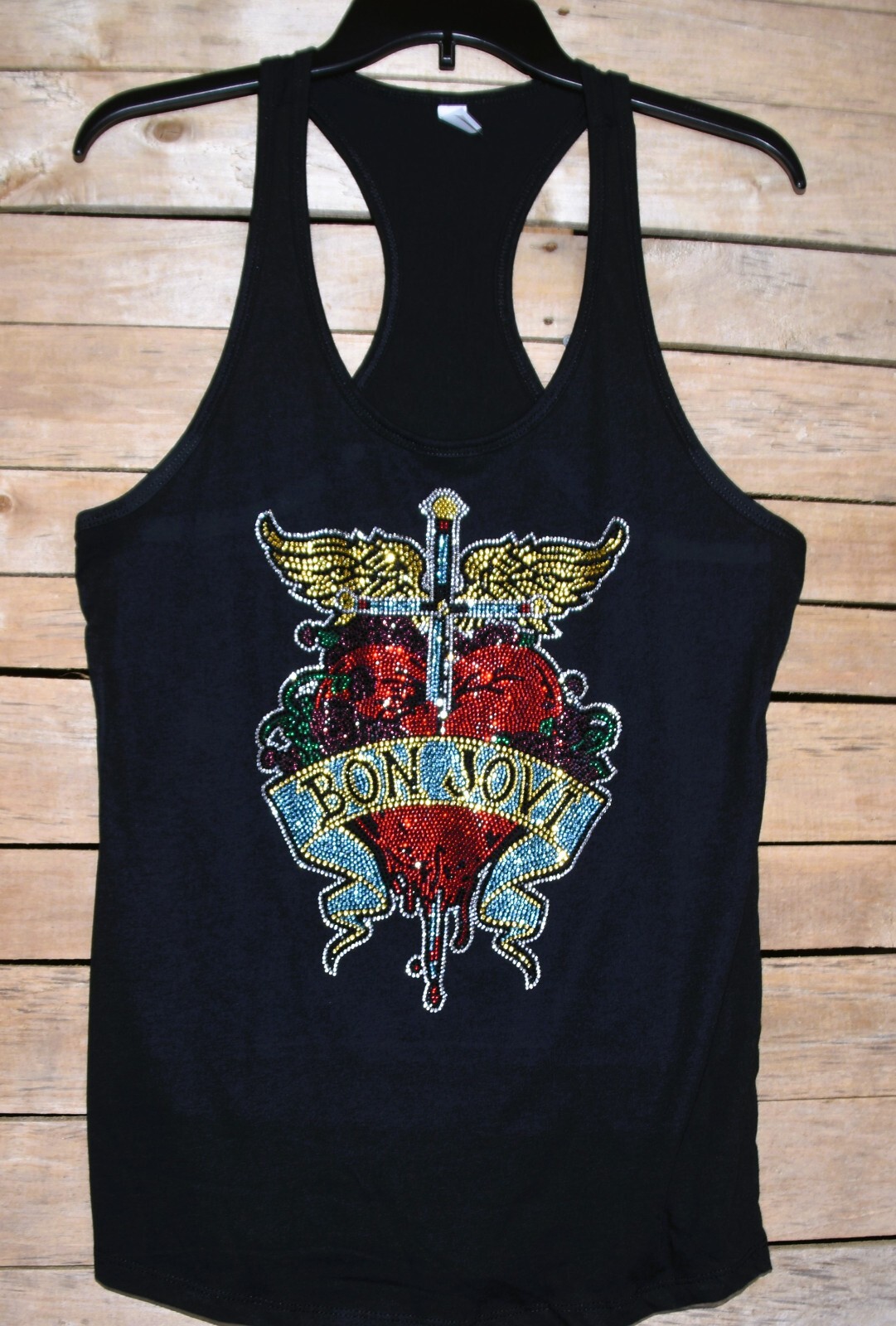 Bon Jovi rhinestone bling black racer back tank top XS, S, M, L, XL, 2XL