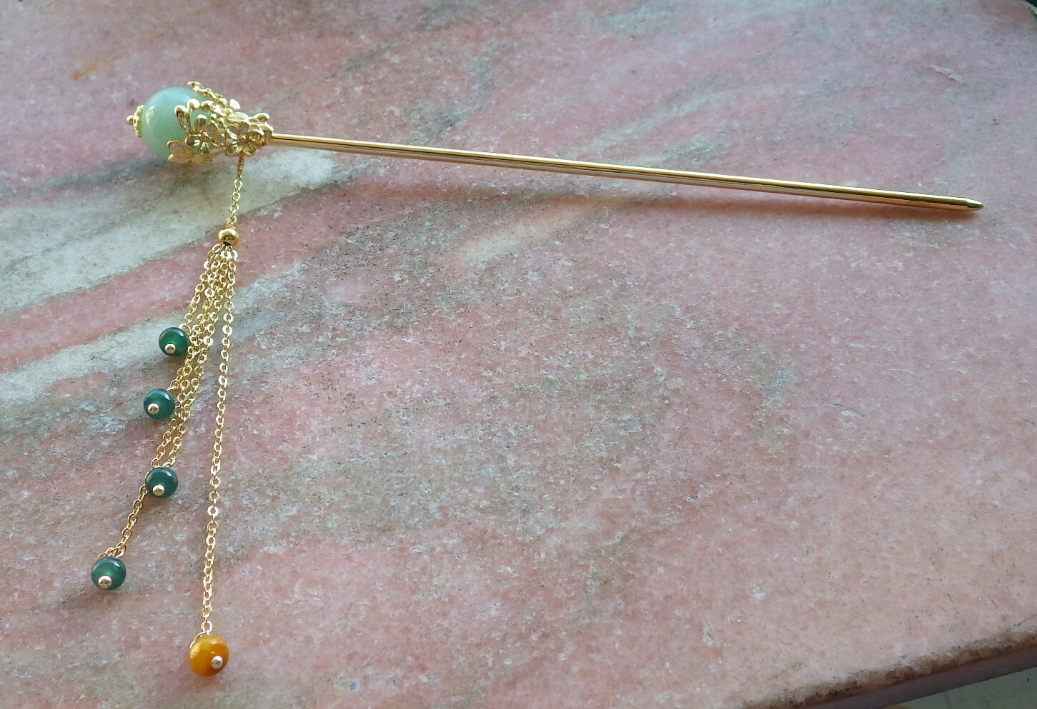 Certified Green Burma A Jade jadeite hairpin Hair pin bead 6 inches 543601 AS