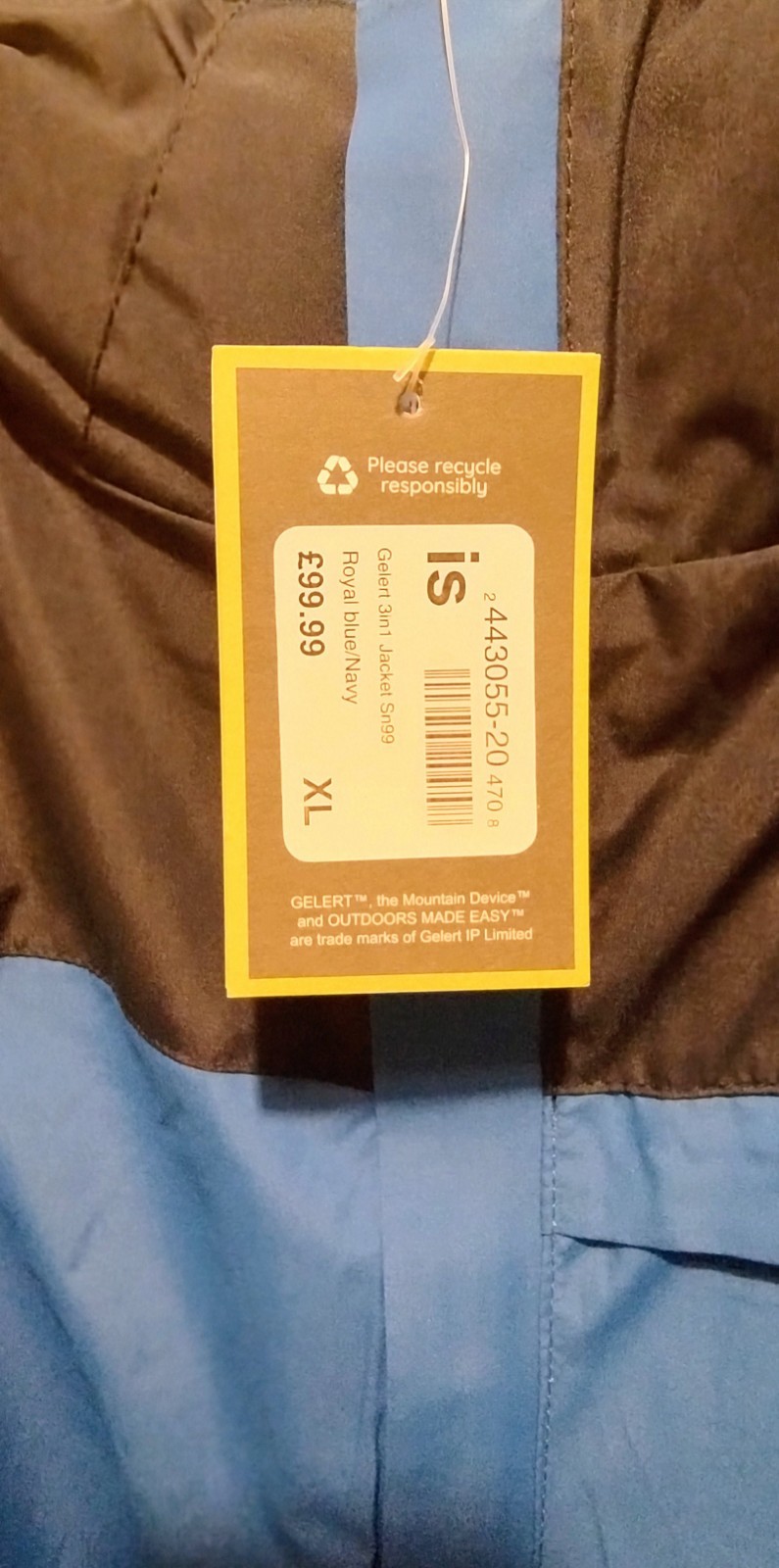 Gelert Mens 3 in 1 Jacket Royal Blue/ Navy Size XL Windbreaker Removable Hood